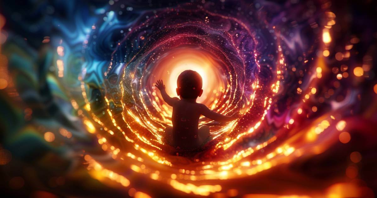 Cosmic spiritual connection art showing universe energy flowing through human figure with zodiac constellations and sacred geometry