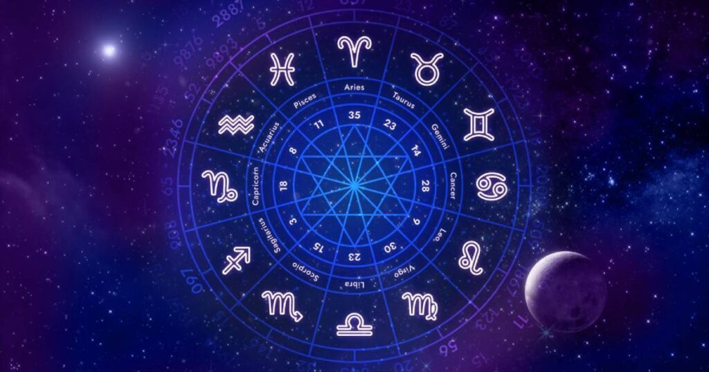 A detailed illustration of an astrology zodiac wheel, showing all twelve star signs in a circular diagram with celestial background.