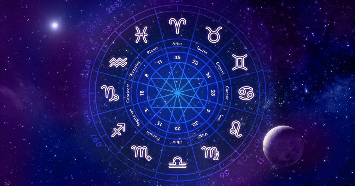A detailed illustration of an astrology zodiac wheel, showing all twelve star signs in a circular diagram with celestial background.