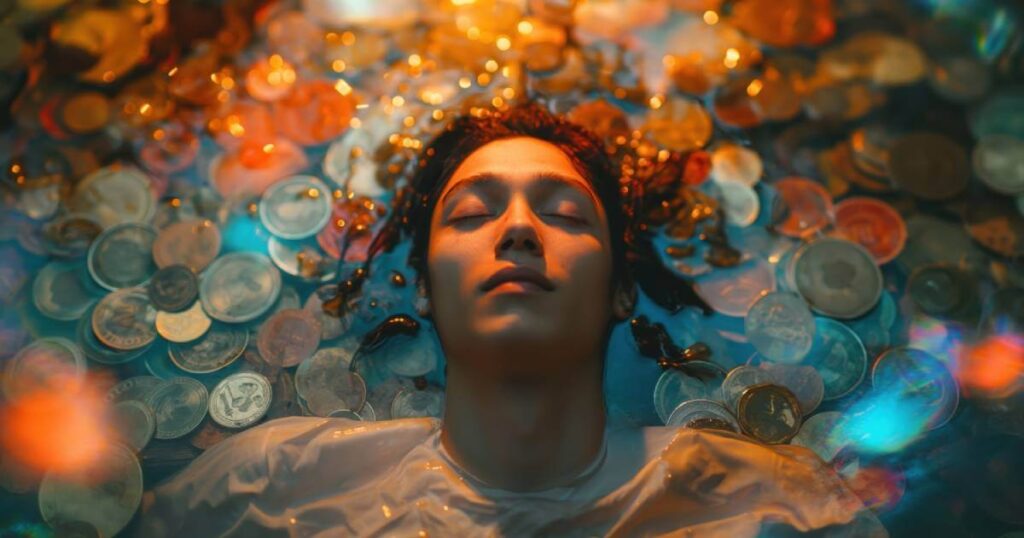 A person visualizing financial abundance with a vision board and symbols of money, representing the law of attraction in action.