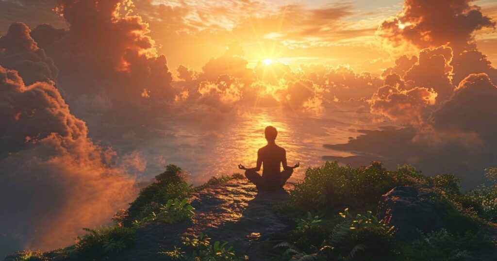 A person practicing meditation at sunrise, symbolizing the clarity and alignment steps in the Law of Attraction process.