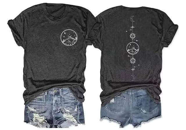 Moon and Sun Shirts Women Vintage Graphic Tshirt Mountain Hiking Short Sleeve Vacation T-Shirt Tops