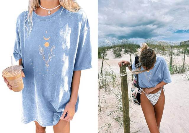 Remidoo Women's Casual Crewneck Short Sleeve Sun and Moon Print Tie Dye Oversized Graphic Top T-Shirt