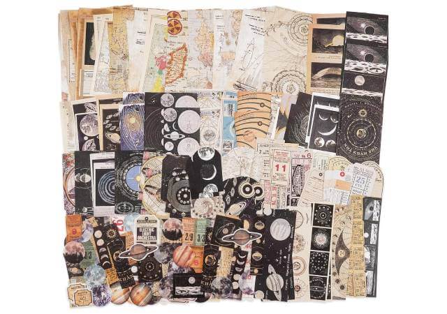 Vintage Scrapbook Supplies Pack (200 Pieces) for Witchy Junk Journal Bullet Journals Planners Space Moon Paper Stickers Craft Kits Collage
