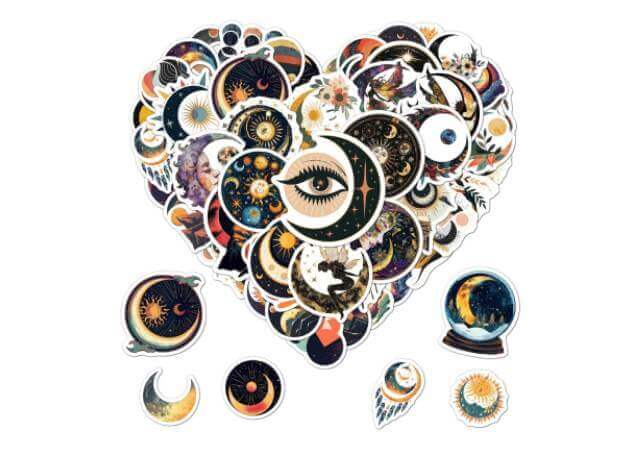 Pack 50 Pcs Sun Solar Eclipse Stickers for Water Bottles Funny Laptop Cups Scrapbooking Journaling Kids Teens Boys Girls Adults Waterproof Aesthetic Sticker Small Vinyl Decals