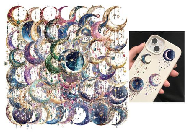 50PCS Dreamy Moon Crystal Gem Scrapbook Stickers – Clear Celestial Vinyl Decals with Stars, Crystals & Galaxy Designs – Aesthetic Boho Moon Phase Stickers for Journaling, Planners, Crafts & Gifts