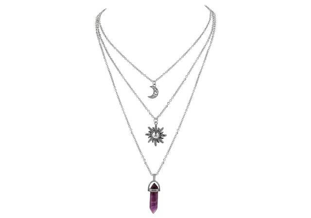 Layered Crystal Sun and Moon Necklace, Moon and Sun Pendant, Gothic Goth Emo Grunge Necklace, Goth Jewelry, Halloween Christmas Jewelry Gift For Women