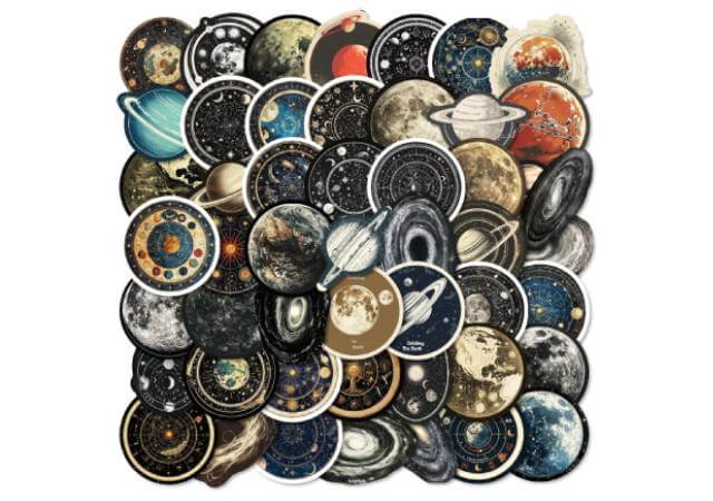 50-Piece Universe Astronomy Space Stickers Set – Vintage Celestial Planets, Moons, Galaxies & Star Charts – Waterproof Vinyl Retro Cosmic Art Stickers for Scrapbooking, Journaling, Laptops