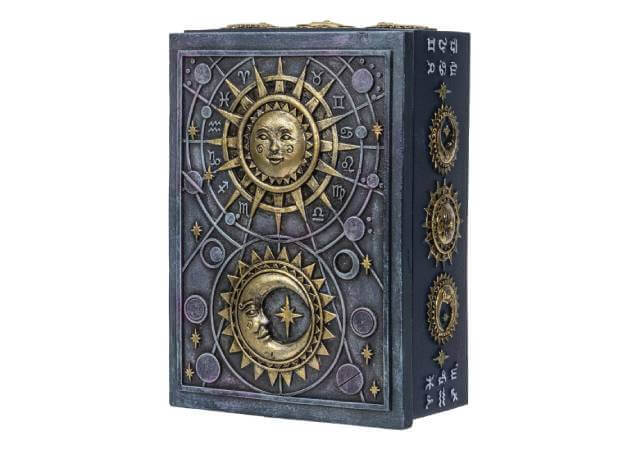 Fortune Telling Astrology Sun and Moon Design Sculptural Tarot Box Jewelry Trinket Keepsake Fengshui Lucky Talisman Home Accent Decor 5.25" L